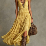 Sage Green Pleated Chiffon V-neck Flowing Maxi Dress
