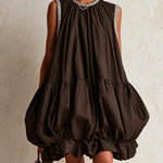 Brown sleeveless mini dress with a bubble hem