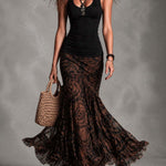 Retro Black cami and brown printed mesh skirt set