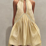 Yellow Sleeveless Mini Dress with Deep V-Neck and Lace Trim