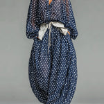 Casual Polka-Dot Chiffon Loose-Fit Long-Sleeve Top and Pants Set(Belt included)