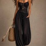Black Lace and Chiffon Spaghetti-Strap Harem Jumpsuit