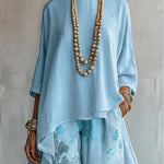 Blue Asymmetrical Top and Floral Wide-Leg Pants Set