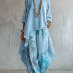 Blue Asymmetrical Top and Floral Wide-Leg Pants Set