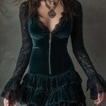 Dark green velvet mini dress with lace sleeves