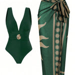 French Vintage Print Deep-V Sexy Swimsuit Set