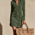 Olive green half-zip straight-cut suede mini dress