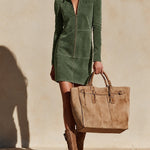 Olive green half-zip straight-cut suede mini dress