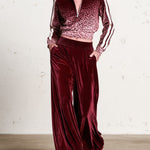 Burgundy velvet leopard-print ombre top and wide-leg trousers set