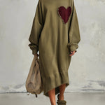 Relaxed-fit olive green sweatshirt dress with heart-shaped patch