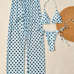 Light Blue Polka Dots Triangle Bikini Set With Beach Pants