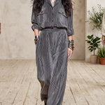 Grey lustrous corduroy shirt and high-waisted trousers set