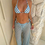 Light Blue Polka Dots Triangle Bikini Set With Beach Pants