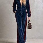 Casual dark blue faux-fur hooded velvet jumpsuit with leopard-print details