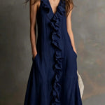 Women's Solid-Color Sleeveless V-Neck Flared Ruffle Dress
