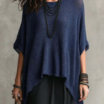 Open-knit round-neck top with an asymmetrical hem