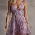 Retro Purple Floral Ruffled Chiffon Mini Dress