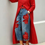 Long shirt paired with a floral wide-leg denim trouser set