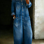 Fashionable single-breasted off-shoulder washed denim jumpsuit