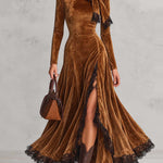 Golden Brown Velvet Maxi Dress With Neck Tie And Black Lace Trim