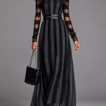 Gothic Striped Mesh Long-Sleeve Maxi Dress(Belt included)