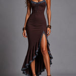 Retro Lace-Trimmed Ruffled-Hem High-Slit Maxi Dress