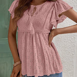 Zeagoo Eyelet Tie-Neck Flutter-Sleeve Top Solid Color Casual Blouse for Women Casual Work Office Loose Fit 2026 | Under $40