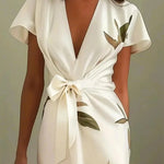 White Leaf Short Sleeve Satin Wrap Sheath Midi Dress