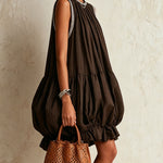 Brown sleeveless mini dress with a bubble hem