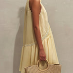 Yellow Sleeveless Mini Dress with Deep V-Neck and Lace Trim