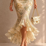 Romantic Floral Midi Mermaid Dress with Lace Trim
