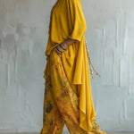 Yellow Asymmetrical Top and Floral Wide-Leg Pants Set