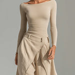 Beige Boat Neck Top and layered wide-leg trouser set