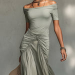 Grey Stretch Fabric And Chiffon Maxi Dress