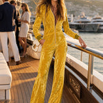 Stylish Retro Yellow Velvet Zipper Long-Sleeved Jumpsuit