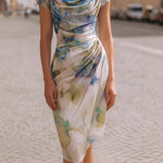 Ava Brown | Floral Cowl Neck Bodycon Midi Dress For Women