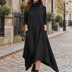 Black long dress with a gathered neckline and pockets