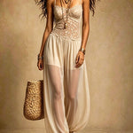 Black Lace and Chiffon Spaghetti-Strap Harem Jumpsuit