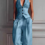 Women's Sexy V-Neck Button-Front Vest & Fashionable Casual Set
