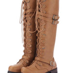 Round toe belt buckle rivet lace-up high-top riding boots