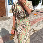 Stylish Knot-Front Printed Sexy V-Neck High-Waist Dress