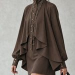 Chocolate high-neck mini dress with cape-style paneling