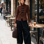 Brown faux-suede long-sleeve jacket and black trousers set