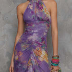 Elegant Purple Floral Chiffon Halter Maxi Dress