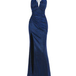 V-Neck Halter Maxi Dress with Subtle Shimmer and Slit