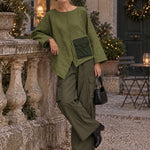 Textured green pocket top and wide-leg cargo pants set