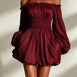 White off-shoulder ruched smocked-waist mini dress