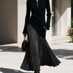 Black half-zip maxi dress with pinstriped hem panel
