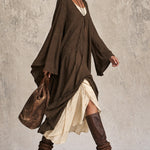Dark Brown Pleated Faux-Linen Loose-Fit Midi Kaftan Dress