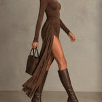 Brown Turtleneck Long Sleeve Ruched Wrap Mini Dress